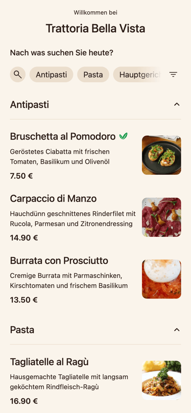 Simpli Speisekarte auf dem Smartphone
